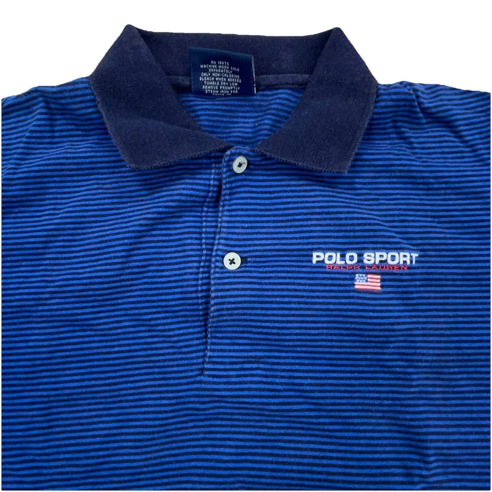 Vintage Ralph Lauren Polo Shirt Men XL Blue Striped US Flag Sport Soft Touch Y2K